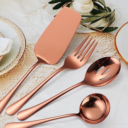 Copper Utensils Serving Set Rose Gold Stainless Steel Flatware Cake Knife Sever Fork Large Spoon Spatula Catering Silverware Complete 7 Pieces for Home Party Buffet - Image 4