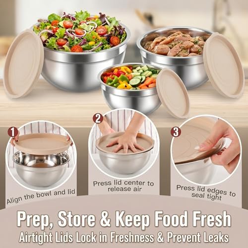 21PCS Mixing Bowls with Lids Set, 7 Mixing Bowls & 14 Measuring Spoons, Stainless Steel Nesting Bowls for Baking & Cooking Prepping Space Saving Storage, Kitchen Essentials, 0.6-5.5QT - Image 6