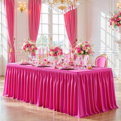 PARTISKY 2 Pack Hot Pink Tablecloths for Rectangle Tables 8ft, Wrinkle Resistant Spandex Table Cover Fitted Stretch Table Cloth with Pleated Ruffle Skirts for Party Banquet Dining Birthday Wedding - Image 4