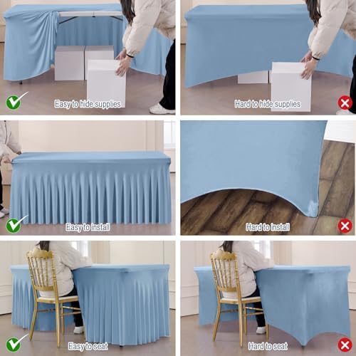 4 Pack Dusty Blue Spandex Fitted Tablecloths for 6 Foot Rectangle Tables, Dusty Blue Stretch Table Cloth with Table Skirt, Wrinkle Free Spandex Table Covers 6ft for Parties, Weddings, Trade Shows - Image 2