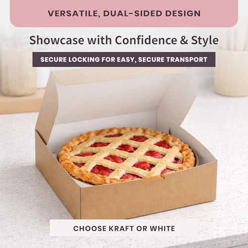 Reversible Bakery Boxes 9 x 9 x 3 in, No Window Lock Corner Pie and Tart Boxes with Front Tuck Lock & Side Clips, Kraft or White Exterior, Microwavable, 100 Pack - Image 3
