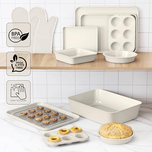 Country Kitchen Nonstick Stackable Bakeware Set - Deluxe Heavy Duty, Durable, Easy Release Baking Set, Cream, 13 Pcs - Image 6