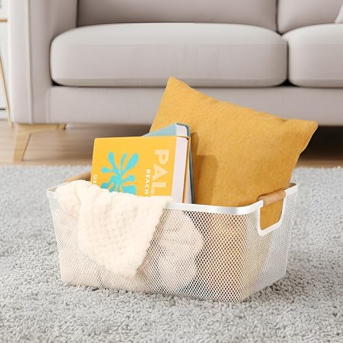 Ziliny 4 Pcs Mesh Wire Baskets for Organizing, Extra Large, Cream White | Metal Pantry Organizers with Wooden Handles, Storage Steel Bin, Kitchen Baskets for Fruit Potato Onion Snacks Bath Cabinet - Image 3