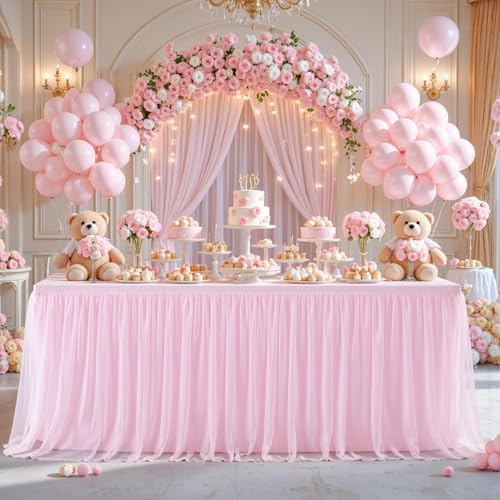 Suppromo 6 Pack 6ft Pink Tulle Tablecloths for Rectangle Tables 72 x 30 Inch Pink Rectangular Table Cloth, Wrinkle Free Table Cover with Tutu Skirt for Baby Shower Birthday Party Banquet Buffet Cake - Image 2