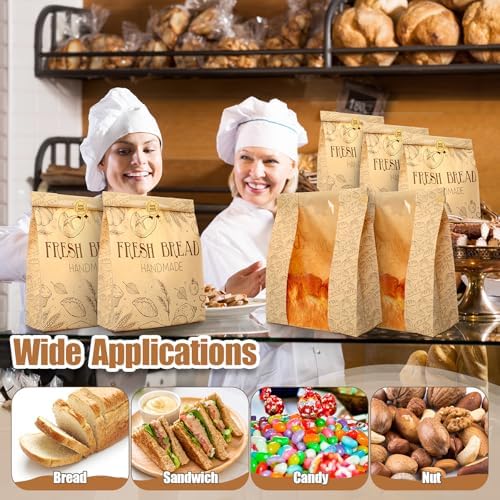 Feifeiya 150 Set Bread Paper Bags for Homemade Sourdough Kraft Bread Bags with Clear Window Seal Stickers 14'' x 8.3'' x 3.5'' Large Bakery Packaging for Storage Baked Goods Cookies - Image 4