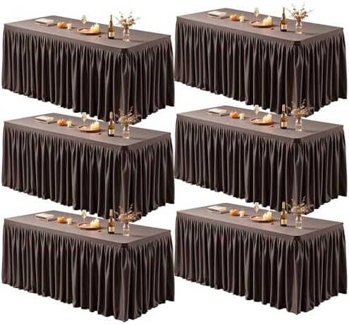 PARTISKY 6 Pack Chocolate Tablecloths for Rectangle Tables 8ft, Wrinkle Resistant Spandex Table Cover Fitted Stretch Table Cloth with Pleated Ruffle Skirts for Party Banquet Dining Birthday Wedding by Partisky