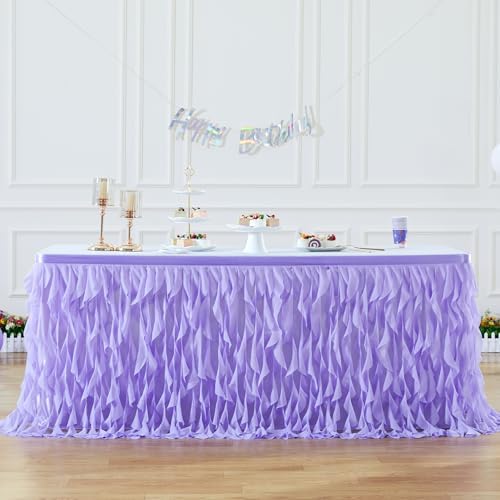 Partisky Lavender Purple Tulle Curly Willow Table Skirt for Rectangle Table 17ft, Ruffle Tutu Table Cloth for Girls Boys Baby Shower,Mermaid Birthday Party - Image 3