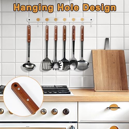 Stainless Steel Mirror Polished Kitchen Utensils Set - 6pcs Cooking Utensils Set with Wooden Handle, Heat Resistant Kitchen Tool Set for Cooking with Turners,Spatula,Ladle,Skimmer,Solid Spoon,Pasta - Image 3