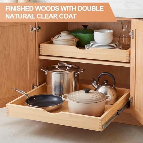 Menkxi 2 Set Wooden Pull out Cabinet Organizer Fully Assembled Slide out Pantry Drawer with Gentle Close Storage Shelf Tray for Base Kitchen Under Sink Bathroom Accessory(Wood Color,21'' X 21'' X 3'') - Image 5