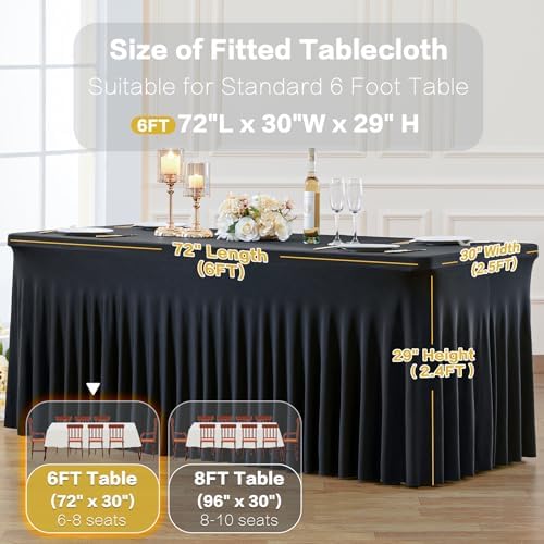 6 Pack Black Table Cloth for 6 Foot Rectangle Tables Spandex Fitted Tablecloth 6ft Stretch Table Covers Skirt Black Banquet Tablecloths Wrinkle Free Tablecloth for Party Wedding Birthday Event - Image 7