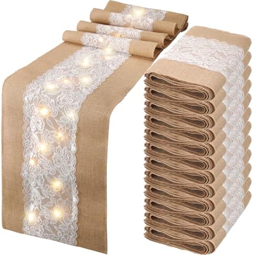 Xinnun 12 Pcs Burlap Table Runner with Lights 12 x 108 Inches Burlap Lace Table Runner Rustic Wedding Decorations Home Party (Flower) by Xinnun