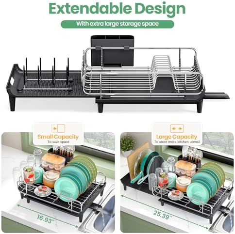 TOOLF Large Expandable Dish Rack for Kitchen Counter, Black - Image 2