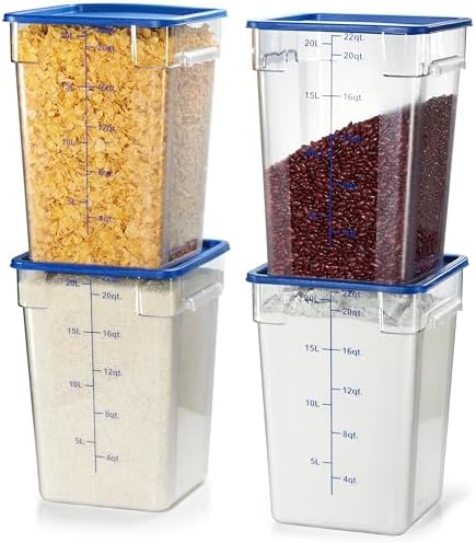 CURTA 4 Pack Food Storage Containers with Blue Lids - NSF Listed Commercial Grade in 22.0 Qt - Square, Clear, Polycarbonate by CURTA