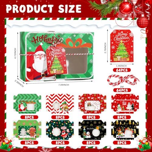 Zhanmai 64 Pcs Christmas Treat Boxes with Window Holiday Kraft Bakery Christmas Cookie Gift Boxes Xmas Pastry Food Containers with Ribbons DIY Tags for Party Favor Gift Giving(Classic) - Image 2
