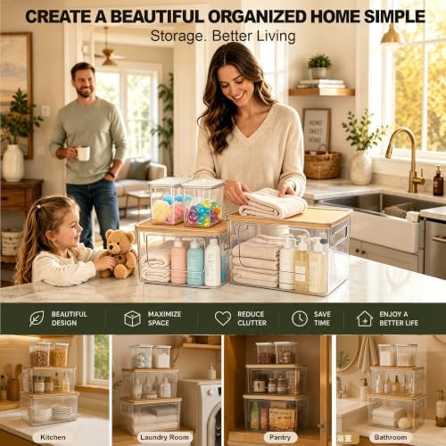 Trash Bag Organizer Under Sink Storage, 4 Piece Stackable Clear Storage Bins with Bamboo Lids, Fits 13/30/33 Gallon Bags, Organizer for Laundry Pods, Dishwasher Pods, Kitchen Pantry - Image 7