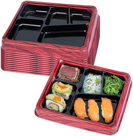 Restaurantware-Bento Tek 18.3 Ounce Meal Prep Containers, 50 Disposable To Go Food Boxes - Lids Sold Separately, 5 Compartments, Red And Black Plastic Bento Lunch Boxes, Freezable, For Take Out - Image 2