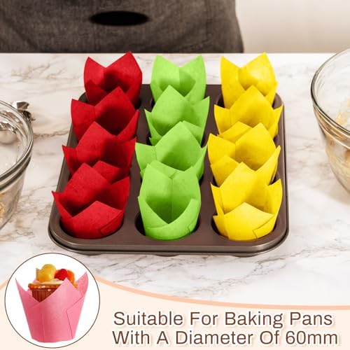 Motiskyy 300 Pcs Jumbo Muffin Liners for Baking 2-1/4" x 4" Large Tulip Cupcake Liners Greaseproof Cupcake Wrapper Paper for Weddings Birthday Christmas Anniversaries Party (Green,Red,Yellow,Pink) - Image 5