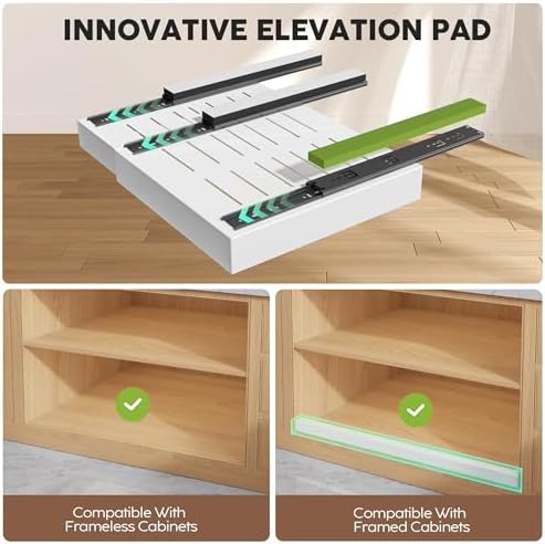 Seinloes 2 Pack Pull Out Cabinet Organizers 21"Deep with Raising Pad for Framed Cabinets,Expandable Slide Out Drawers Upgrade 3 Slide Rails,Roll Out Shelves Adhesive,Adjustable Width 12"-20.45" White - Image 3