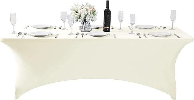 MDS® Pack of 2 Spandex Tablecloth 8FT Tight Fitted Stretch Table Cover – Washable Wrinkle-Free Reusable Elastic Patio Tablecloth for Wedding, Party, Banquet, Trade Show, Event Décor - Ivory - Image 3