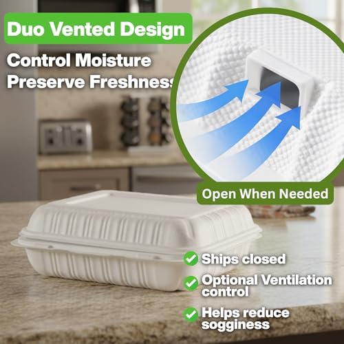 Front Lock MFPP Hinged Container, White 9" x 6" – 1 Compartment Clamshell Disposable Takeout Boxes, Durable Microwaveable To-Go Containers for Restaurant & Food Service – 200 Pack - Image 2