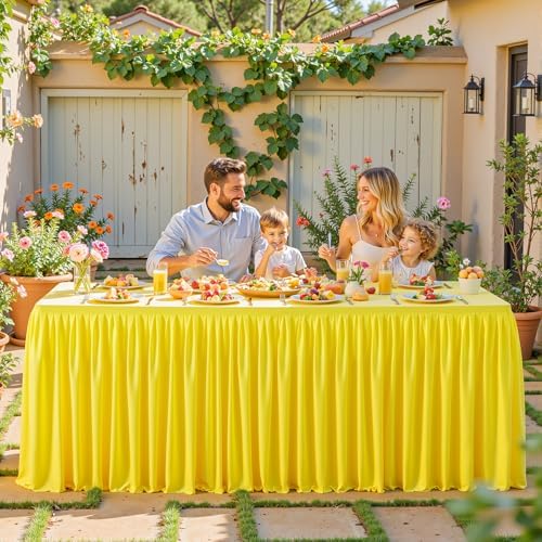 PARTISKY 6 Pack Yellow Tablecloths for Rectangle Tables 6ft, Wrinkle Resistant Spandex Table Cover Fitted Stretch Table Cloth with Pleated Ruffle Skirts for Party Banquet Dining Birthday Wedding - Image 5
