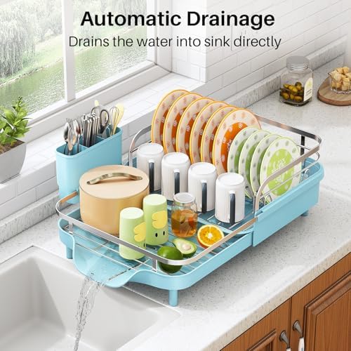 SAYZH Expandable Dish Drying Rack for Small Kitchen Counter, Blue - Image 5