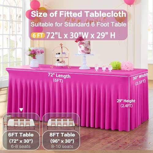 6 Pack Hot Pink Spandex Tablecloth for 6 Foot Rectangle Tables, Wrinkle Free Fitted Table Cloth Cover 6ft Fuchsia Stretchy Tablecloths with Skirt for Parties Weddings Birthday Banquet Baby Shower - Image 4