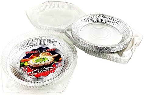 Pactogo Aluminum Foil Pie Pan (Actual Top-Out 9-5/8 Inches - Top-In 8-3/4 Inches - Vertical Depth 1-3/16 Inches) - Disposable Baking Tin Plates with Clear Plastic Hinged Containers (Pack of 100 Sets) by PACTOGO