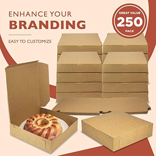 Fit Meal Prep 250 Pack Kraft Bakery Boxes, 10 x 10 x 2.5 Inches Brown Pastry Boxes, Cardboard Treat Boxes Pie Boxes Cookie Boxes Dessert Boxes for Cupcakes, Chocolates, Donuts, Macarons - Image 3