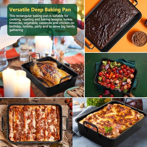 E-far Roasting Pan with Racks, Small Stainless Steel Turkey Roaster with V-Shaped & Cooling Rack for Oven, 14 Inch Nonstick Deep Broiler Pan with Handles for Baking Chicken Lasagna Meat, Heavy Duty - Image 5