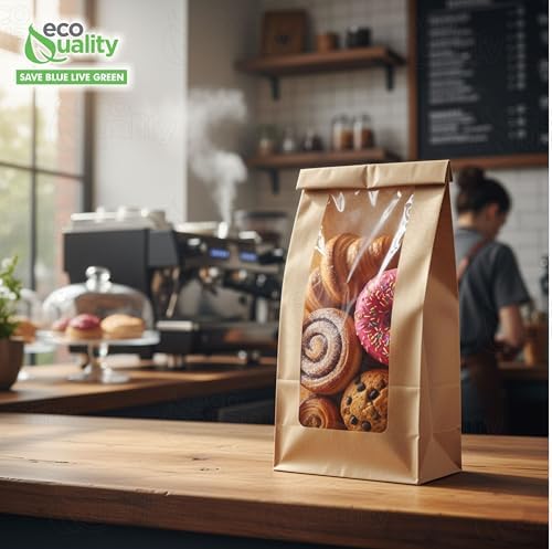Bakery Bag with Window For Cookies or Pastries - 8.7 x 4.7 x 2 inches Brown Kraft Paper - Pastry Bagel - Sandwich - Trail Mix Bags (300) - Image 5