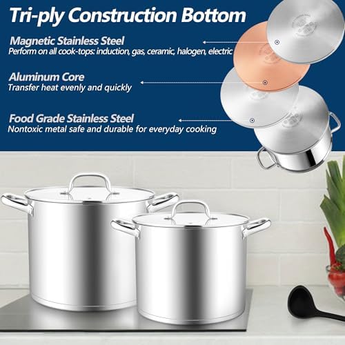E-far 10 Quart Pot, Stainless Steel Stock Cooking Pot with Glass Lid for Soup Canning Stewing Simmering, Heavy Duty Large Cookware with Triply Base for Induction Gas Ceramic Stoves, Dishwasher Safe - Image 4