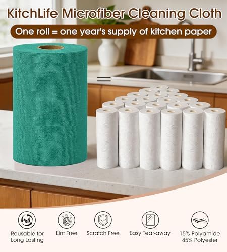KitchLife Microfiber Cleaning Cloth Roll, 100 Pack - Tear-Away Microfiber Paper Towels, Lint-Free, Reusable, Washable for Kitchen, Car, Dishes, and Sensitive Surfaces (Forest Green) - Image 3