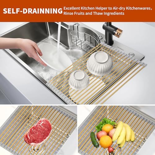 Extra Large Golden Roll-UP Dish Drying Rack-Stainless Steel Dish Drainer Over The Sink for Kitchen Countertop,Applicable for Sink Width Less Than 19in (Gold,20.5'x 13.2') - Image 3