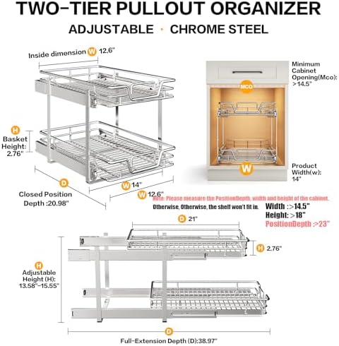 2-Tier Kitchen Cabinet Pull Out Shelf and Drawer Organizer Slide Out Pantry Storaqe Basket in Multiple Sizes (14" W x 21" D) - Image 2