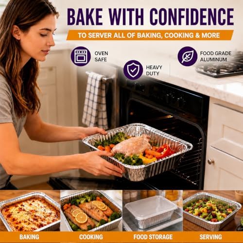 Aluminum Foil Pans Half Size 9x13, Disposable Aluminum Pans Large Baking Pan Trays-Heavy Duty Foil Pans Roasting, Cooking, Heating or Steam (25 pans with lids) - Image 6