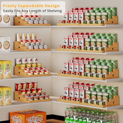 4-Tier Extra-Long Expandable Can Rack, Adjustable Bamboo Organizer for Pantry, Can Storage Holder for Pantry Shelf & Countertop, Large Capacity Holds 60 Cans (3.75oz), Patent Pending - Image 3