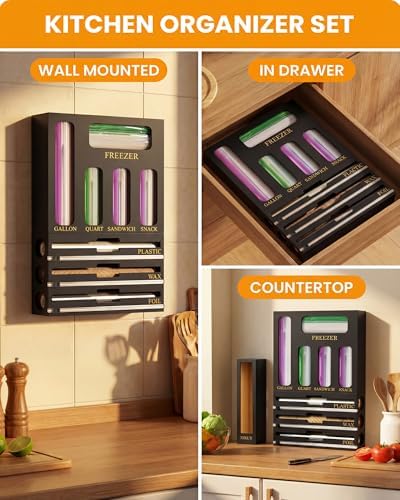 9 IN 1 Bamboo Foil and Plastic Wrap Organizer for Kitchen Drawer, Plastic Bag Organizer Organization and Storage, Food Storage Bag Organizer (BLACK) - Image 5