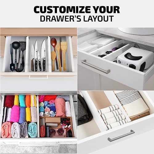 4-Pack Bamboo Drawer Dividers - 12.2 to 17.3 Inches Deep, 2.6 Inches High, Adjustable Expandable Drawer Organizer Dresser Separator for Clothes, Utensils, Kitchen, Bathroom, Office Storage, White - Image 5