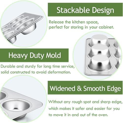 Herogo 2 Pack 12-Cup Stainless Steel Cupcake Pan Tin for Making Egg Muffin Quiches, Metal Muffin Tray Set for Baking, Mini Brownie, Regular Size & Easy Clean, Oven & Dishwasher Safe - Image 4