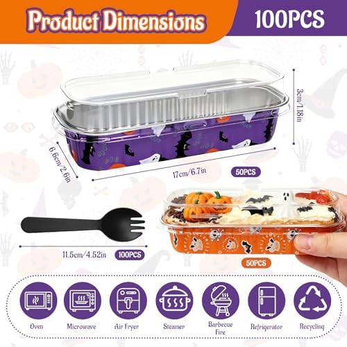 100Pack Halloween Mini Cake Pans Disposable Mini Loaf Pans with Lids and Spoons, 6.8Oz Aluminum Foil Pans Tins, Individual Dessert Cups Containers for Sales,Party,Picnics - Image 2