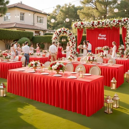 8 Pack Red Rectangle Tablecloth 6 FT Stretch Spandex Fitted Table Cloth for 6 Foot Rectangle Tables Banquet Tablecloths Wrinkle Free Table Cover Skirt Ruffle Tablecloth for Party Wedding Birthday - Image 5