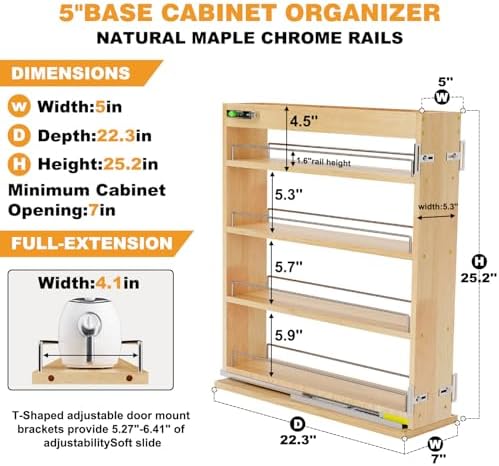 Pull Out Spice Rack Organizer for Cabinet, 5" W x 22.3" D x 25.2" H Multi-Use Solid Wood Slide Out Shelf for Kitchen Cabinet, Sliding Spice Rack for Cans & Jars, Pantry Organization - Image 3