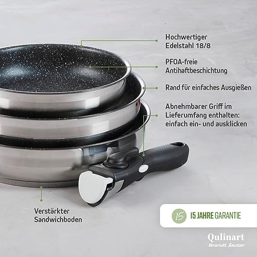 4-Piece Induction Cookware Set – Set of 3 Stainless Steel Saucepans 16, 18 and 20 cm with Removable Handle – Stainless Steel – Set for Any Heat – Silver - Image 4
