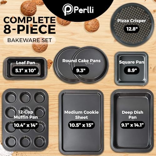 PERLLI Non-Stick 8-Piece Bakeware Set – Carbon Steel with Even Heat Distribution, Oven Safe to 446°F, BPA-Free, Dishwasher Safe, Stackable Baking Tools for Easy Storage and Everyday Cooking - Gray - Image 2