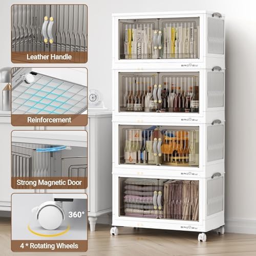 BROVIEW 300Qt Stackable Storage Bins with Lid, Extra Large Closet Organizer Collapsible Drawer Boxes with Wheels, Folding Plastic Cabinet Containers for Home Kitchen Room Organization, 5Pack White - Image 5