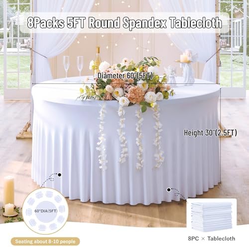 leegleri 8 Pack 60inch-5FT White Spandex Round Tablecloths, Stretchy 120inch Round Table Cloths, Wrinkle Free Table Cover with Skirt for Wedding Party Dining Banquet - Image 3