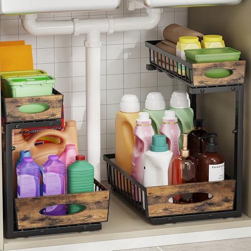 2 Pack Metal Under Sink Organizer with Sliding Drawer, Black by Madoalker