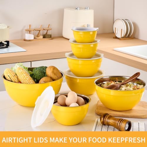 Yellow Mixing Bowls with Airtight Lids, Stainless Steel Nesting Mixing Bowls Set of 7, Ideal for Baking, Prepping and Serving Food, Size 7, 3.6, 2.7, 2.1, 1.5, 1.1,0.8 QT, Stackable Design - Image 6