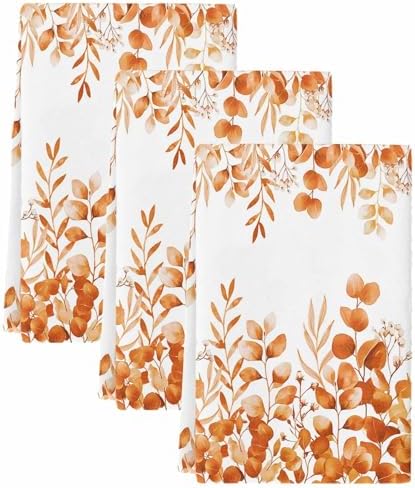 Orange Eucalyptus Kitchen Towels Set of 3, Absorbent Dish Towels for Kitchen, Botanical Summer Leaves Country Floral Microfiber Hand Towel, Quick Drying Tea Towel for Cleaning Decorative Dishcloths - Image 2